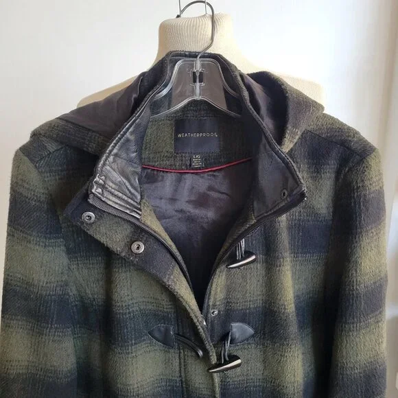 LAST CALL -Weatherproof Green Plaid Vegan Leather Mid Length Coat (Size: L) - Picture 9 of 16